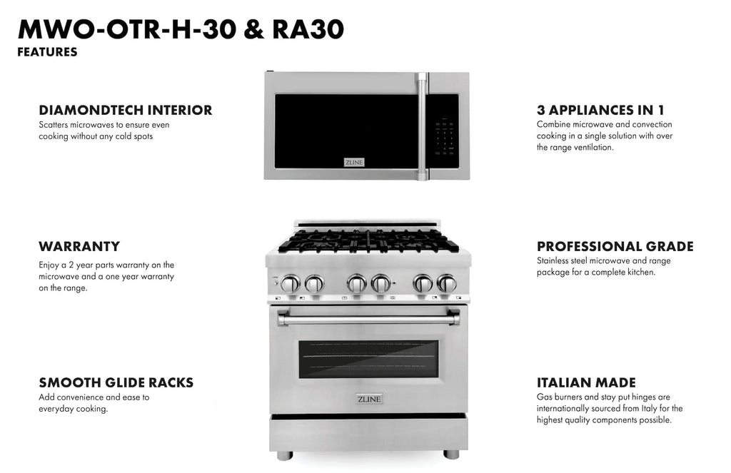 ZLINE 30" Range RA30 & Microwave MWO-OTR-H-30 Bundle, 2KP-RAOTRH30