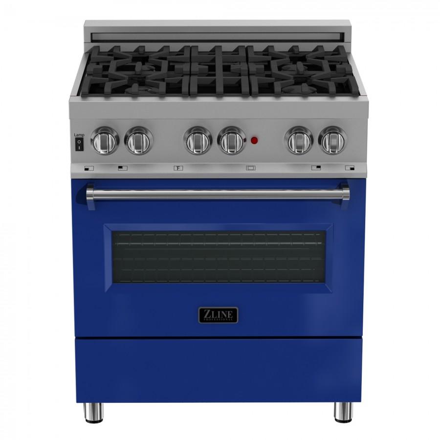 ZLINE 30"Dual Fuel Range, Snow Stainless, Blue Gloss Door, RAS-BG-30