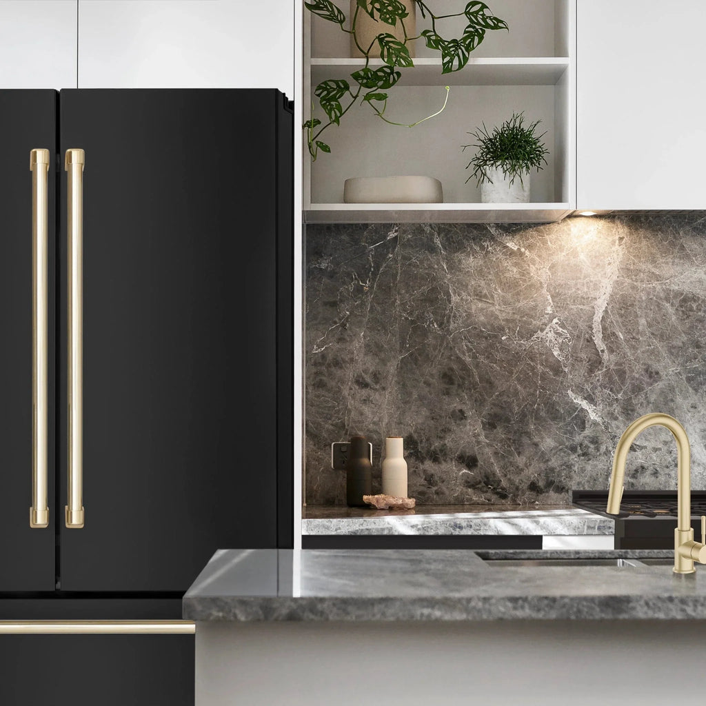 ZLINE 36" Autograph 22.5 cu. Ft French Door Refrigerator with Ice Maker Black Stainless Steel with Gold Accents RFMZ-36-BS-G