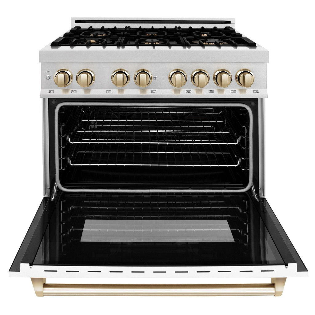 ZLINE 36" Autograph Dual Fuel Range, White, Champaign Accents, RAZ-WM-36-CB