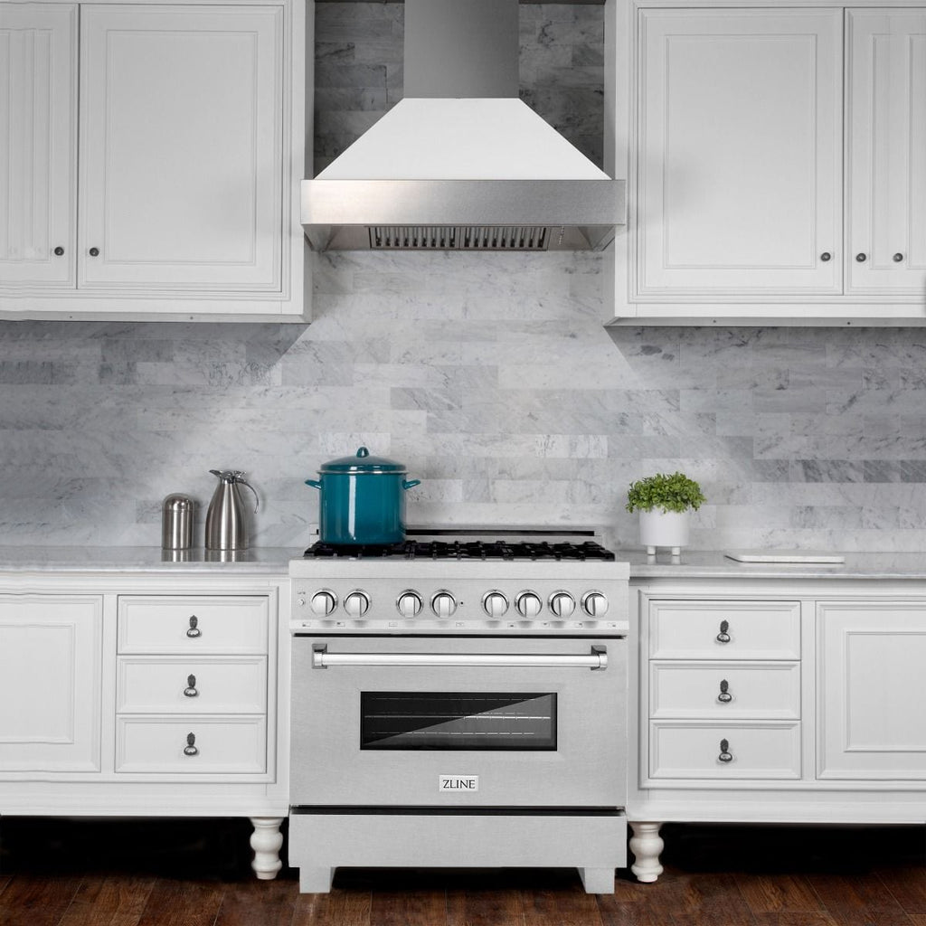 ZLINE 36" Dual Fuel Range, DuraSnow, Stainless, Brass Burners, RAS-SN-BR-36