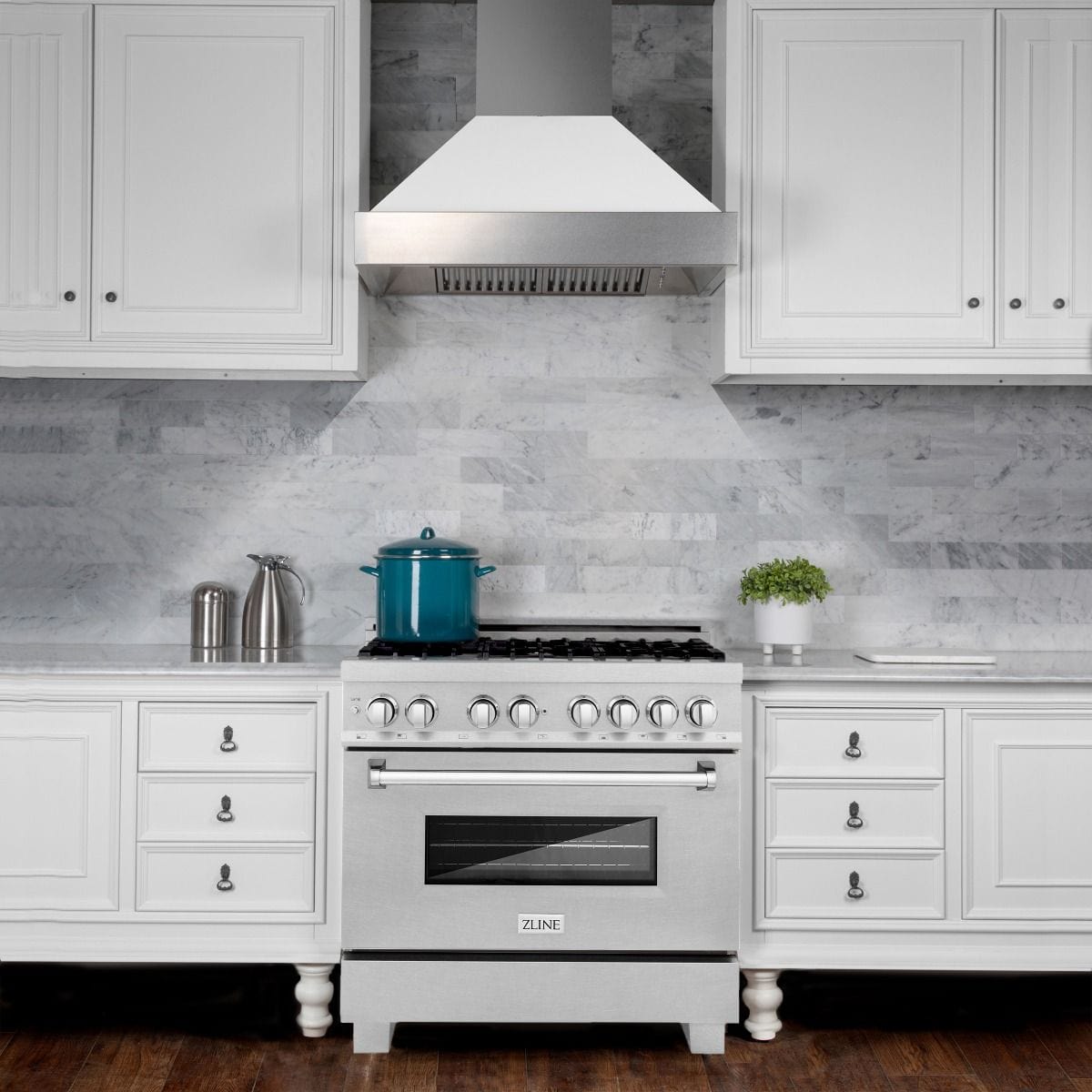 ZLINE 36" Dual Fuel Range, DuraSnow, Stainless, Brass Burners, RAS-SN-BR-36