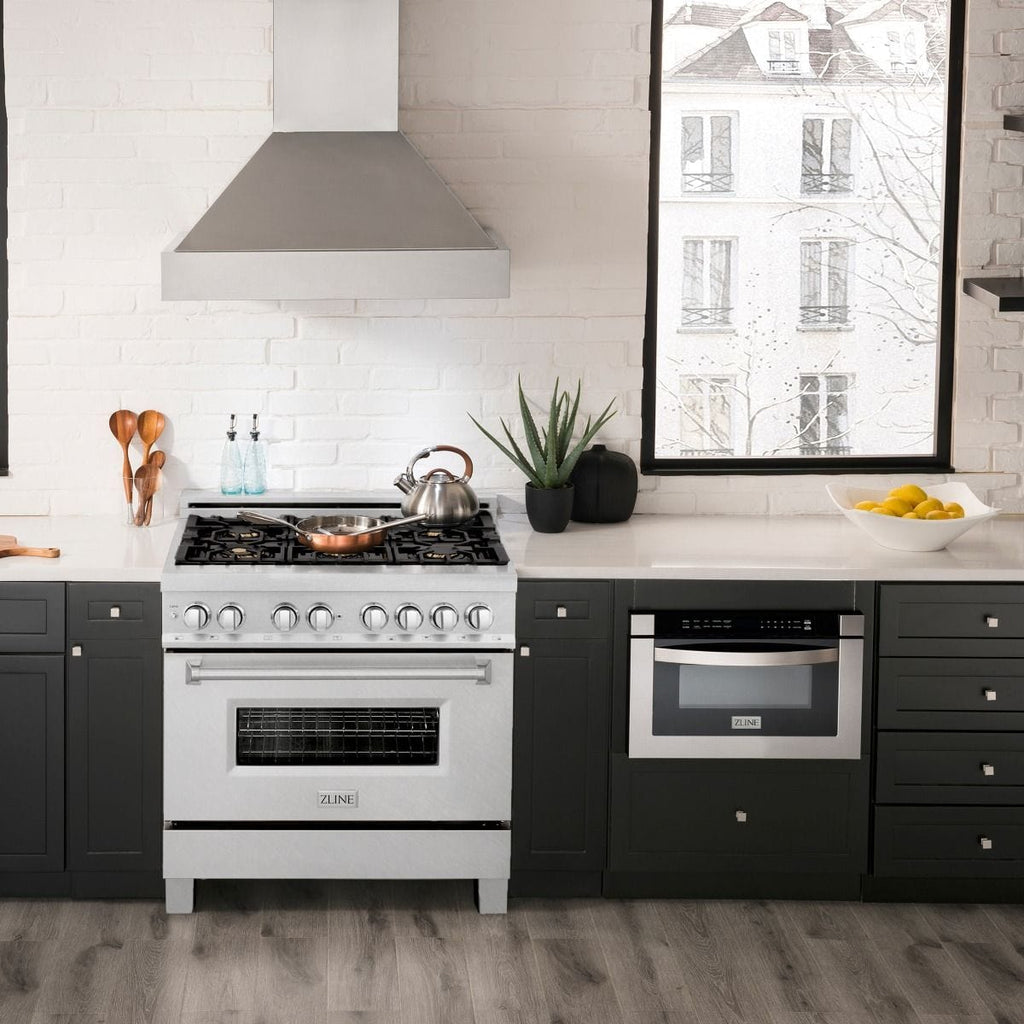 ZLINE 36" Dual Fuel Range, DuraSnow, Stainless, Brass Burners, RAS-SN-BR-36