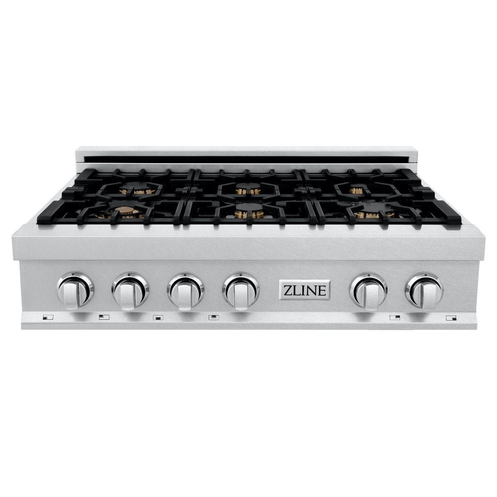 ZLINE 36" Porcelain Rangetop, DuraSnow®, 6 Brass Burners, RTS-BR-36
