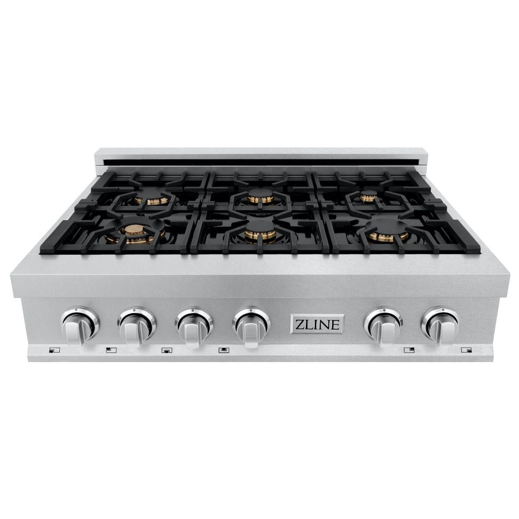 ZLINE 36" Porcelain Rangetop, DuraSnow®, 6 Brass Burners, RTS-BR-36