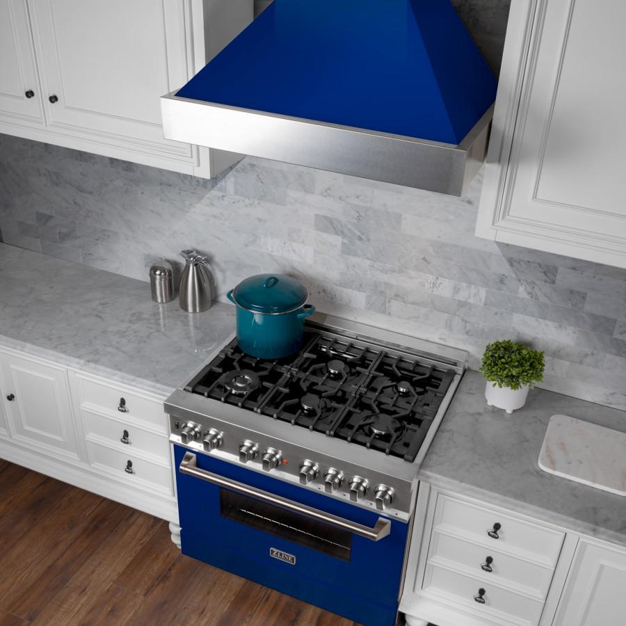 ZLINE 36" Professional Dual Fuel Range in Snow Stainless, Blue Gloss Door, RAS-BG-36