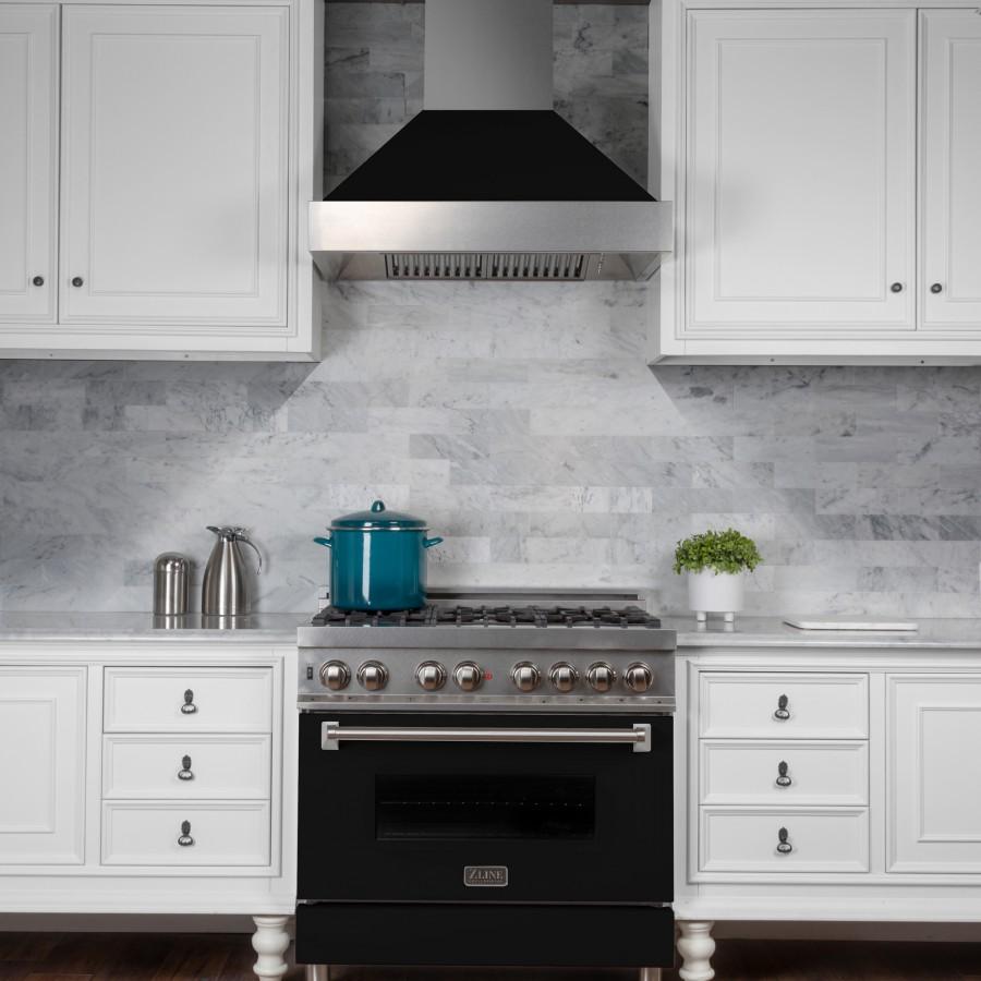 ZLINE 36" Professional Dual Fuel Range, Snow Stainless, Black Matte Door, RAS-BLM-36