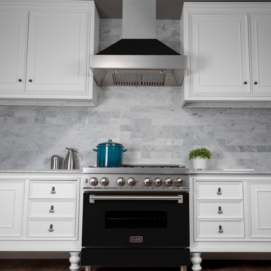 ZLINE 36" Professional Dual Fuel Range, Snow Stainless, Black Matte Door, RAS-BLM-36