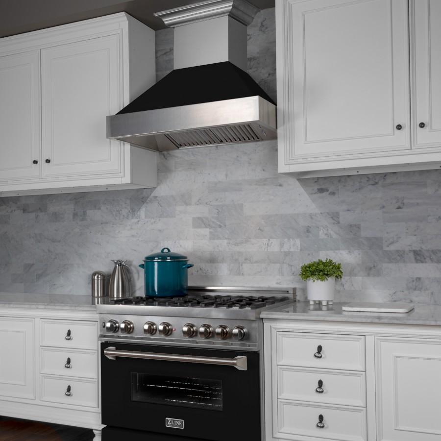 ZLINE 36" Professional Dual Fuel Range, Snow Stainless, Black Matte Door, RAS-BLM-36