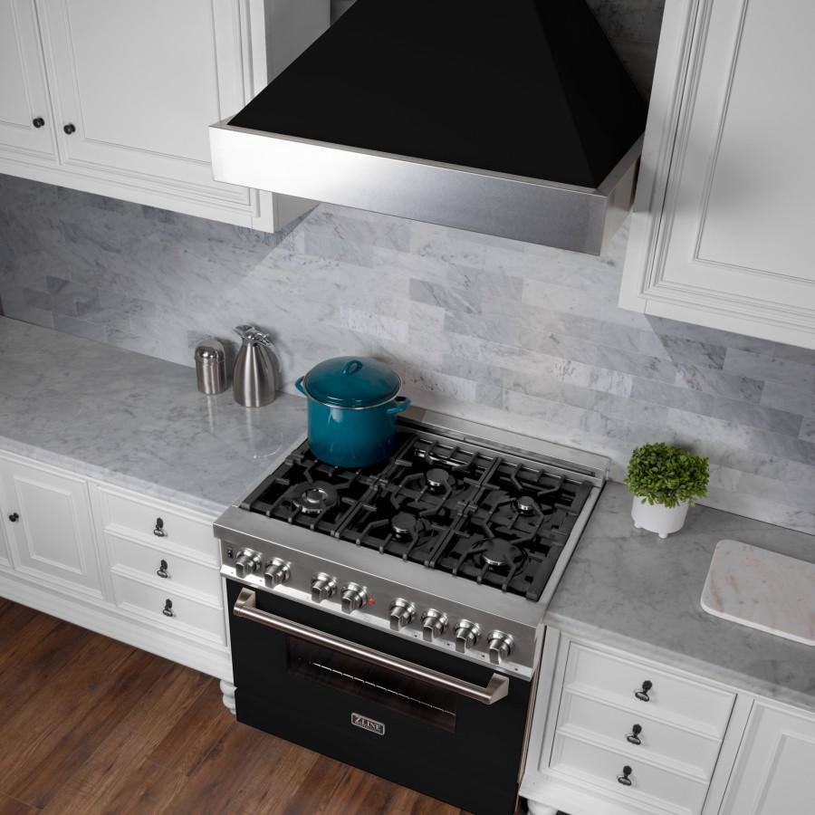 ZLINE 36" Professional Dual Fuel Range, Snow Stainless, Black Matte Door, RAS-BLM-36