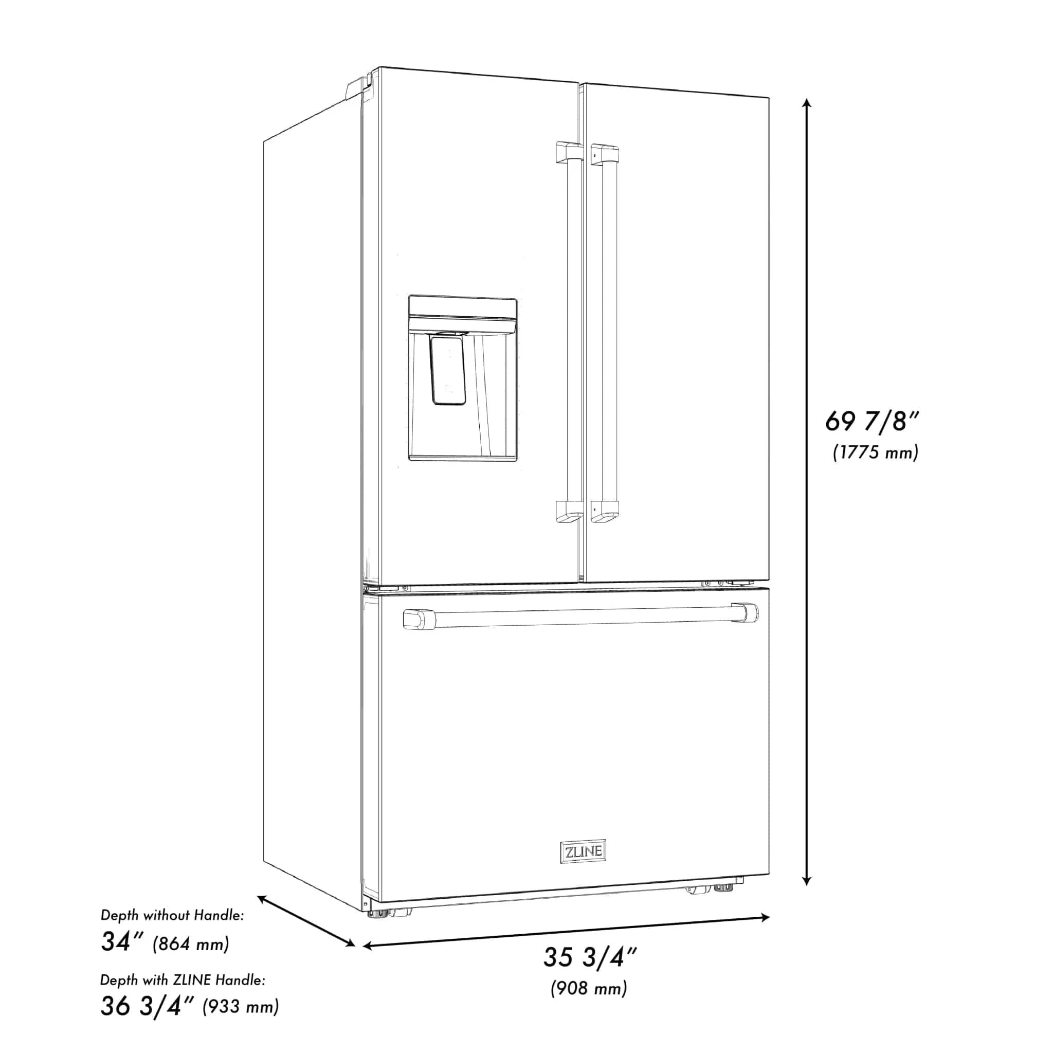 ZLINE 36" Refrigerator, Water, Ice Dispenser, Fingerprint Resistant, RSMZ-W-36-MB