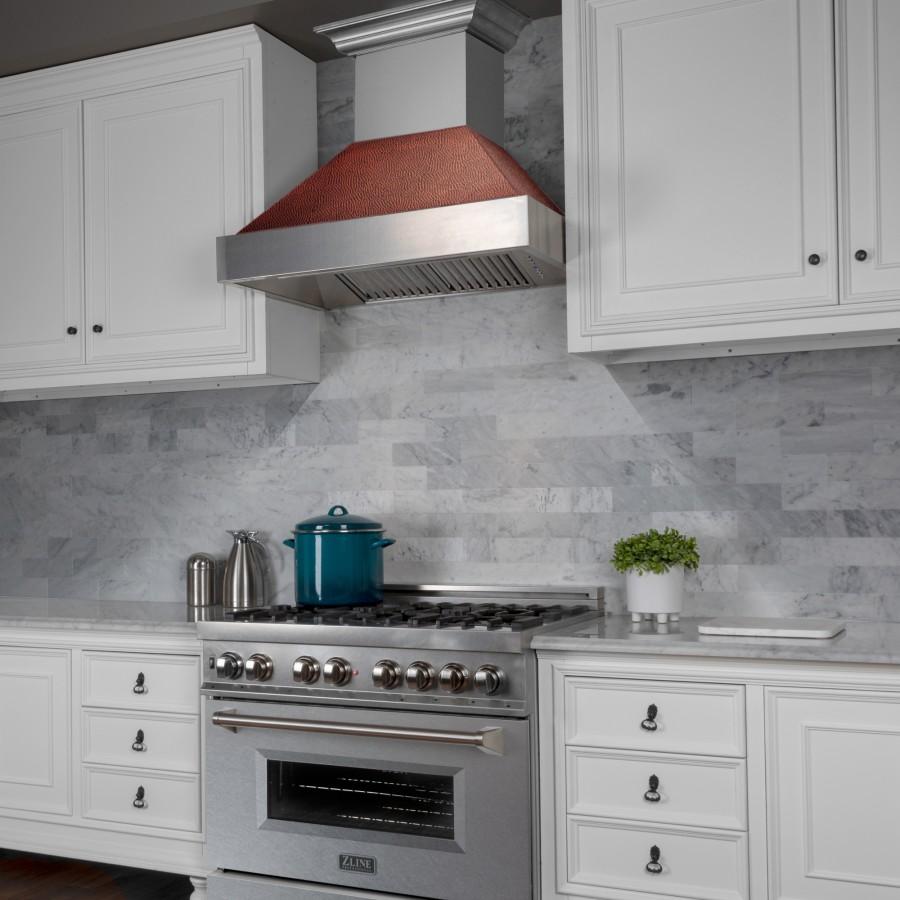 ZLINE 36" Snow Finish Wall Range Hood, Hammered Copper Shell, 8654HH-36