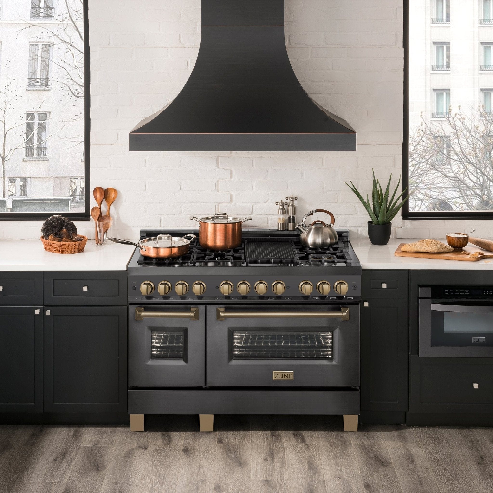 ZLINE 48" Autograph Dual Fuel Range, Black Stainless, Bronze RABZ-48-CB