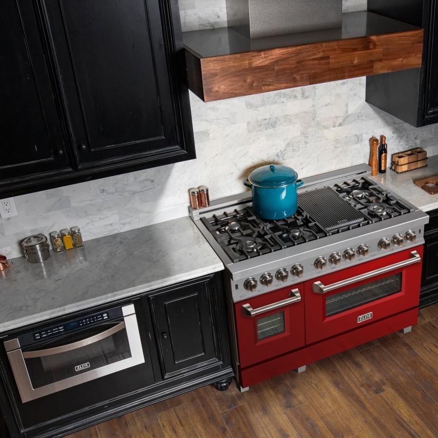 ZLINE 48" Dual Fuel Range in Snow Stainless, Red Gloss Door, RAS-RG-48