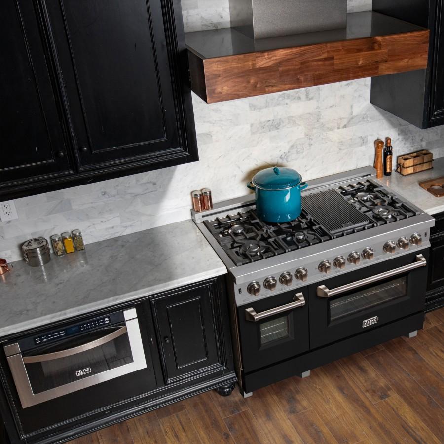 ZLINE 48" Dual Fuel Range Snow Stainless, Black Matte Door, RAS-BLM-48