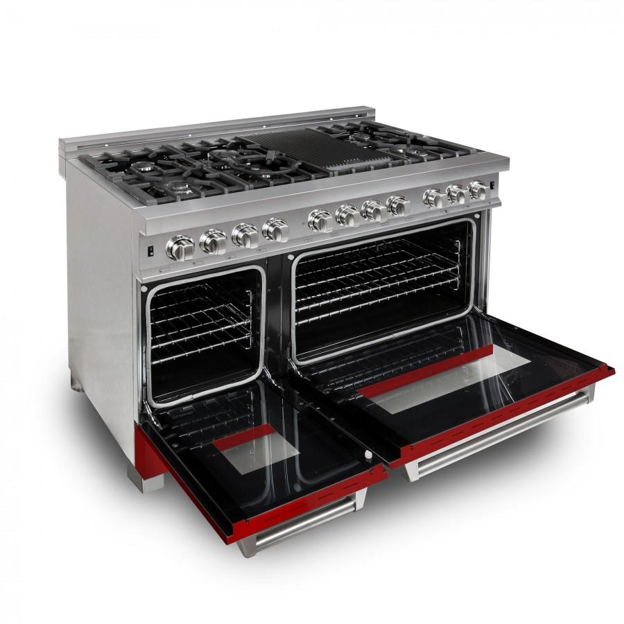 ZLINE 48" Dual Fuel Range Snow Stainless, Red Matte Door, RAS-RM-48