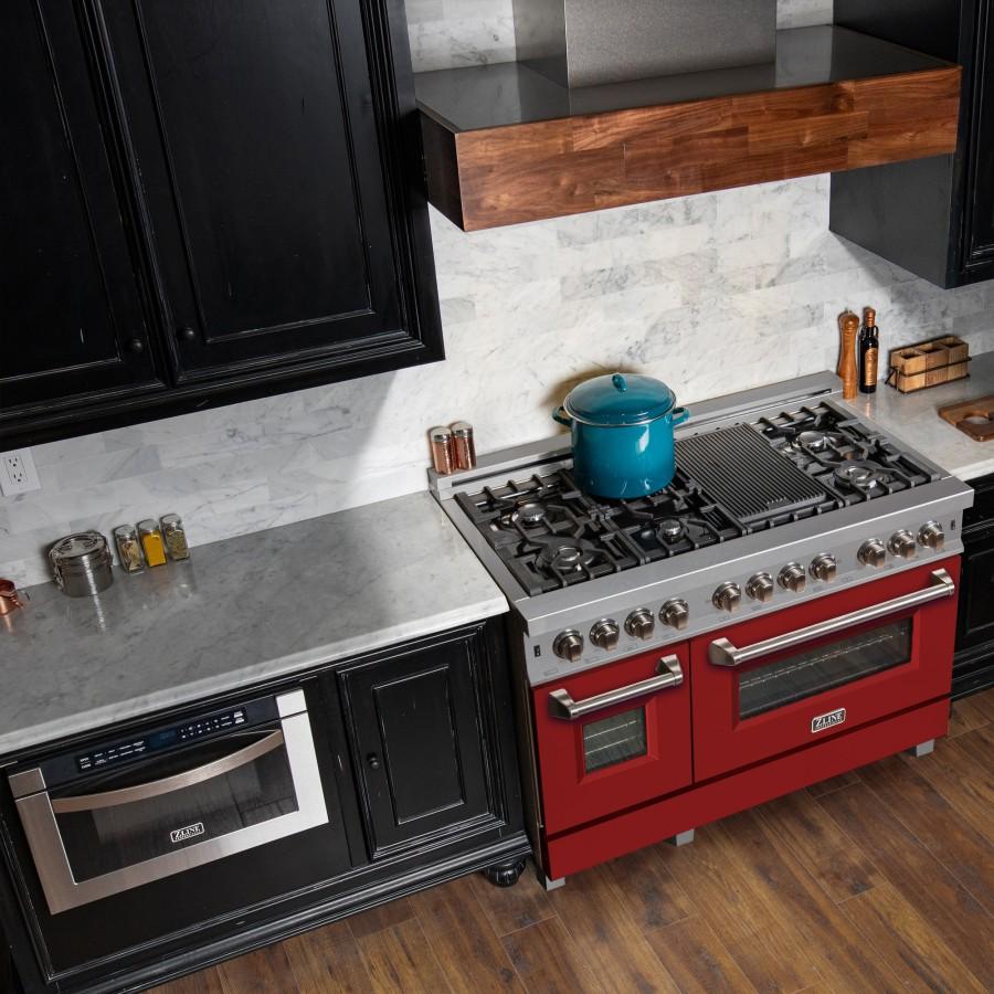 ZLINE 48" Dual Fuel Range Snow Stainless, Red Matte Door, RAS-RM-48