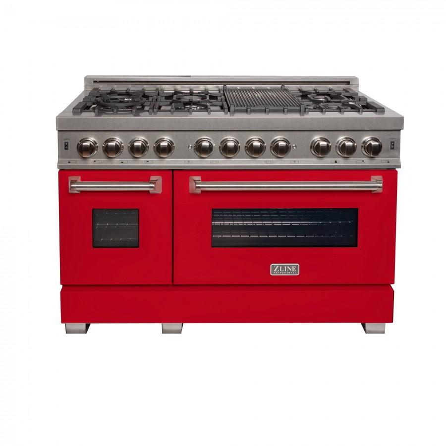 ZLINE 48" Dual Fuel Range Snow Stainless, Red Matte Door, RAS-RM-48
