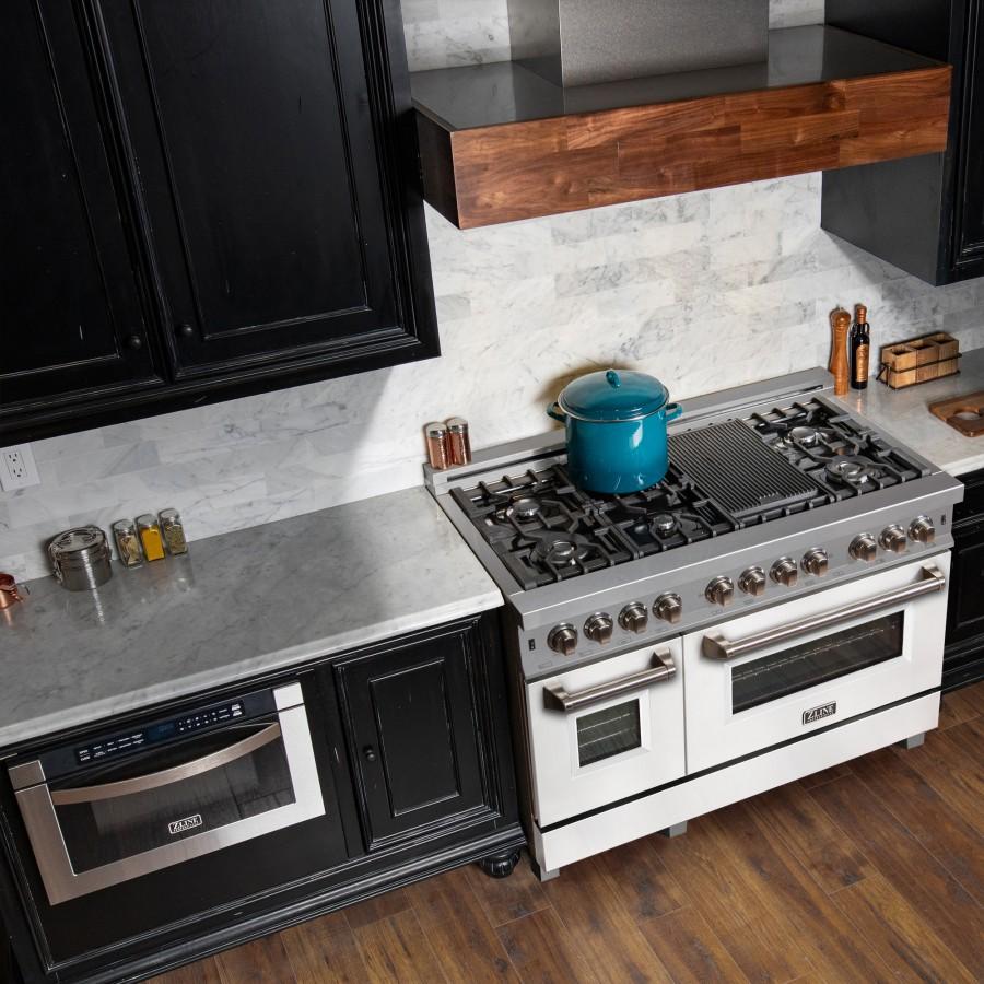 ZLINE 48" Dual Fuel Range Snow Stainless, White Matte Door, RAS-WM-48