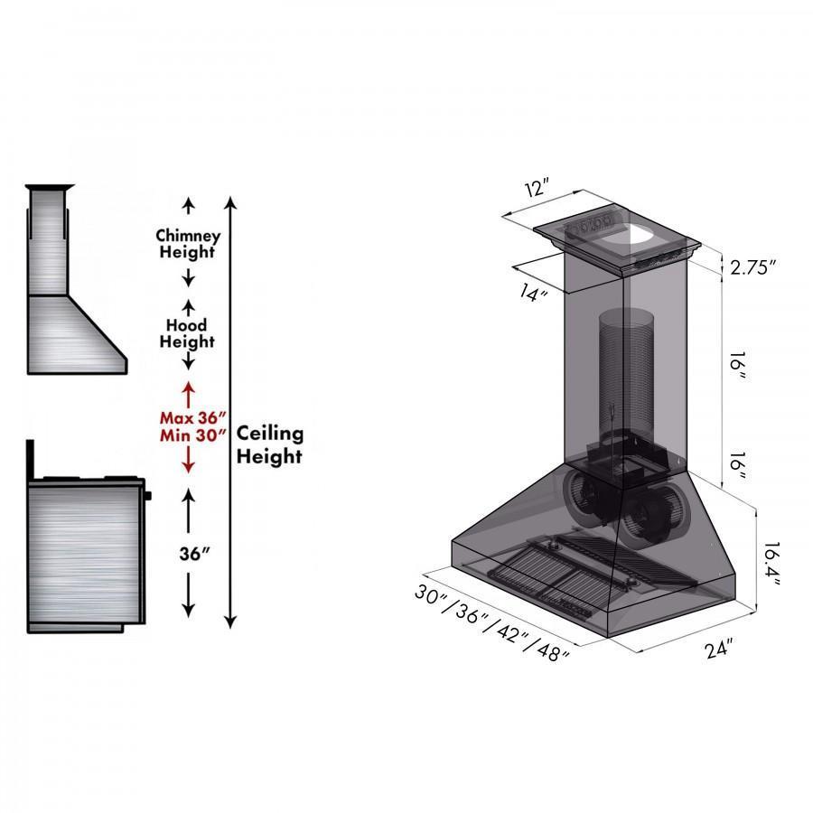 ZLINE 48" Professional Wall Range Hood, Built-in CrownSound® Bluetooth Speakers, 667CRN-BT-48