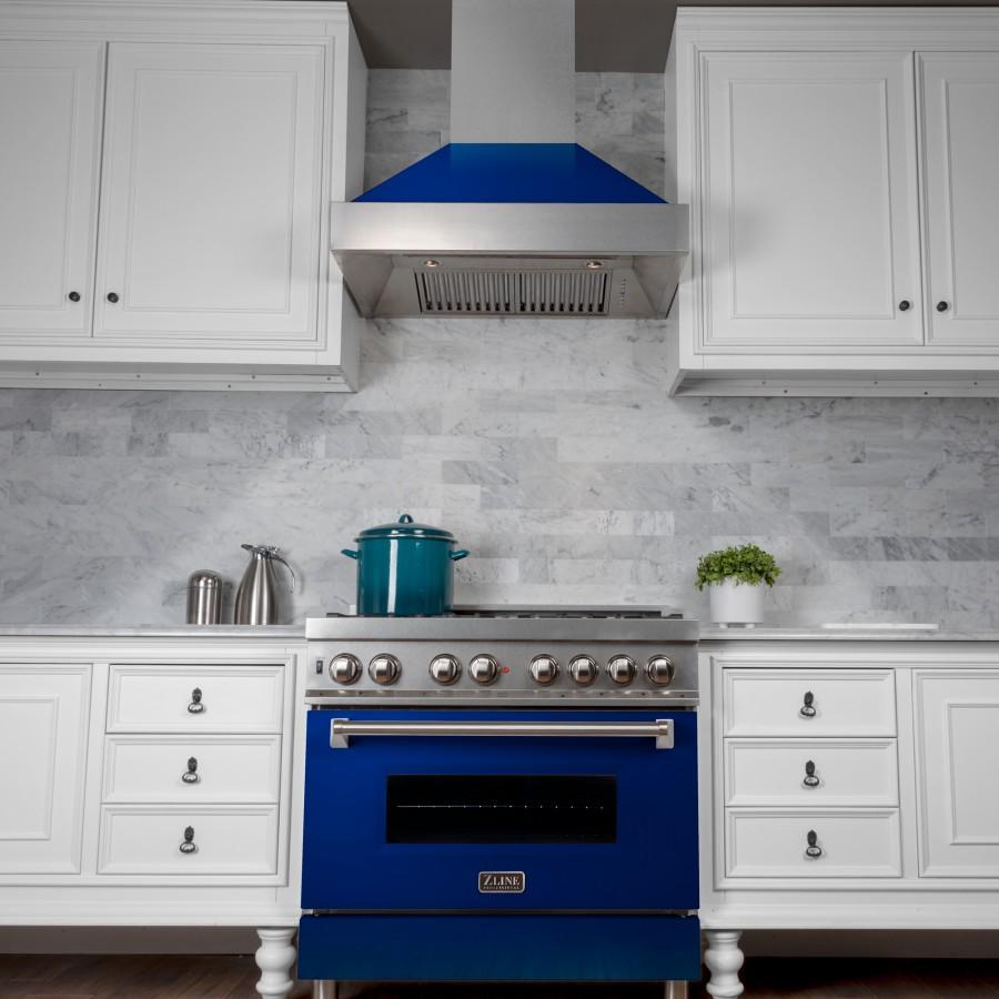 ZLINE 48" Snow Finish Wall Range Hood, Blue Gloss Shell, 8654BG-48