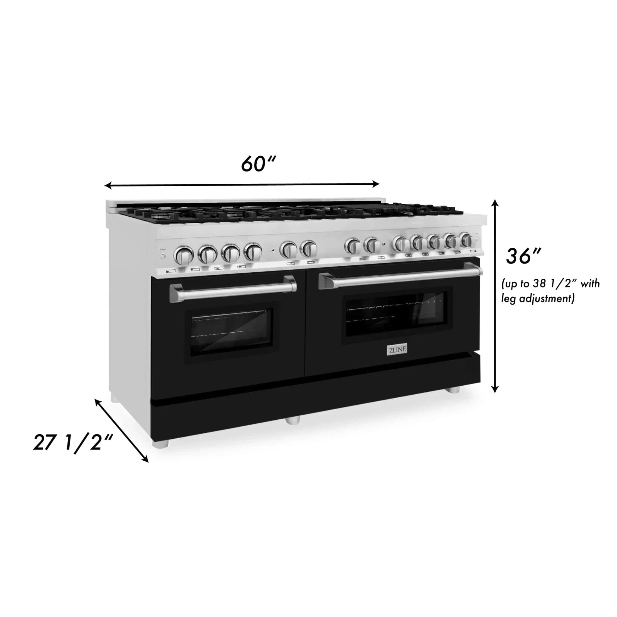 ZLINE 60" 7.4 cu. ft. Dual Fuel Range, Gas Stove and Electric Oven in Stainless Steel and Black Matte Door, RA-BLM-60