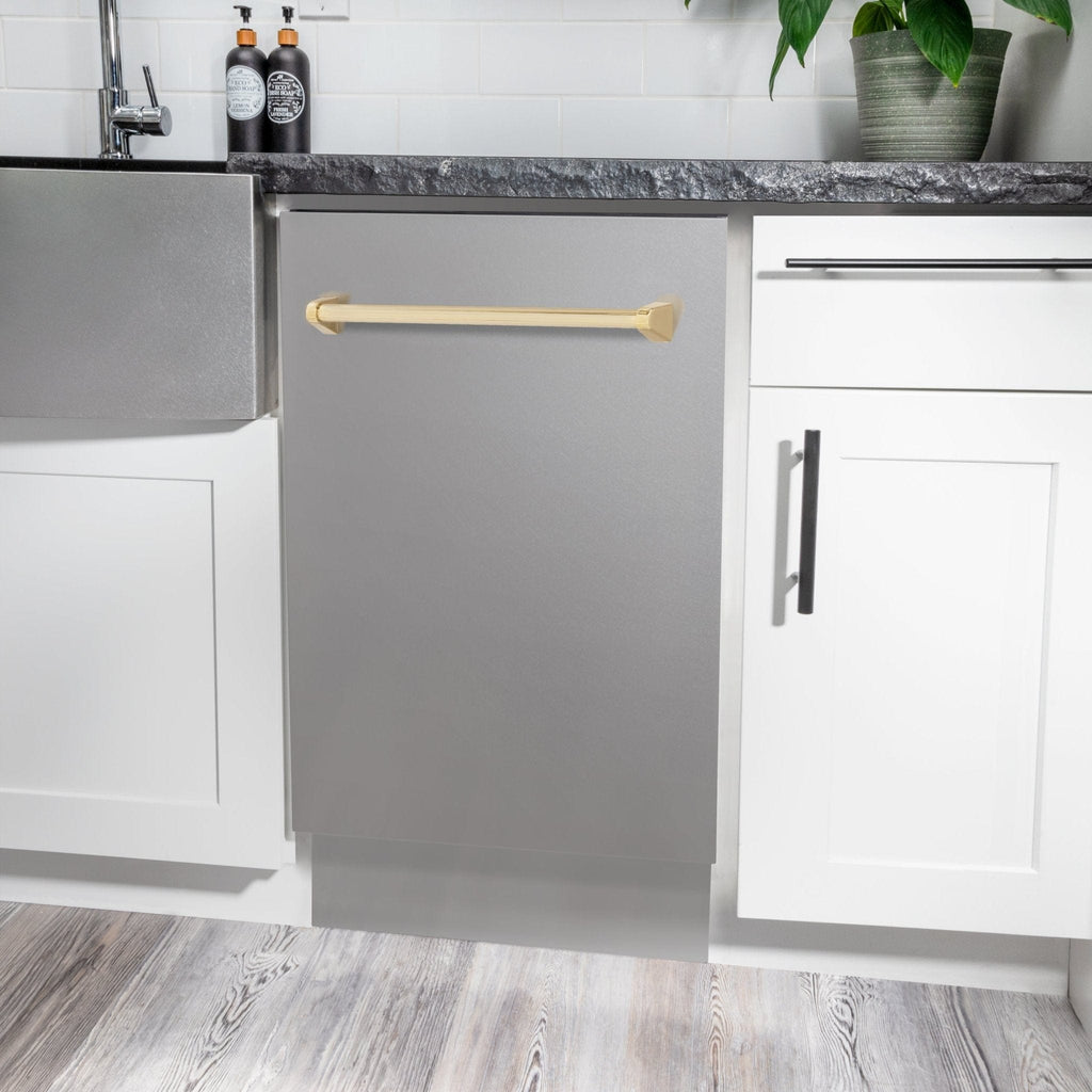 ZLINE Autograph 18" Dishwasher Stainless Door, Gold Handle DWVZ-304-18-G