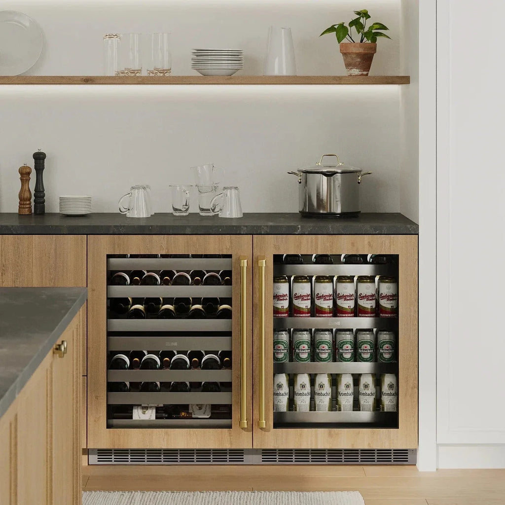 ZLINE Autograph 24 in. Dual Zone 44 Bottle Wine Cooler With Stainless Steel Glass Door And Champagne Bronze Handle RWDOZ-GS-24-CB