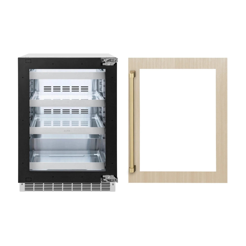 ZLINE Autograph Edition 24 in. Touchstone 151 Can Beverage Fridge With Panel Ready Glass Door And Champagne Bronze Handle RBSPOZ-24-CB
