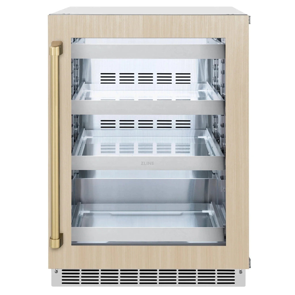 ZLINE Autograph Edition 24 in. Touchstone 151 Can Beverage Fridge With Panel Ready Glass Door And Champagne Bronze Handle RBSPOZ-24-CB