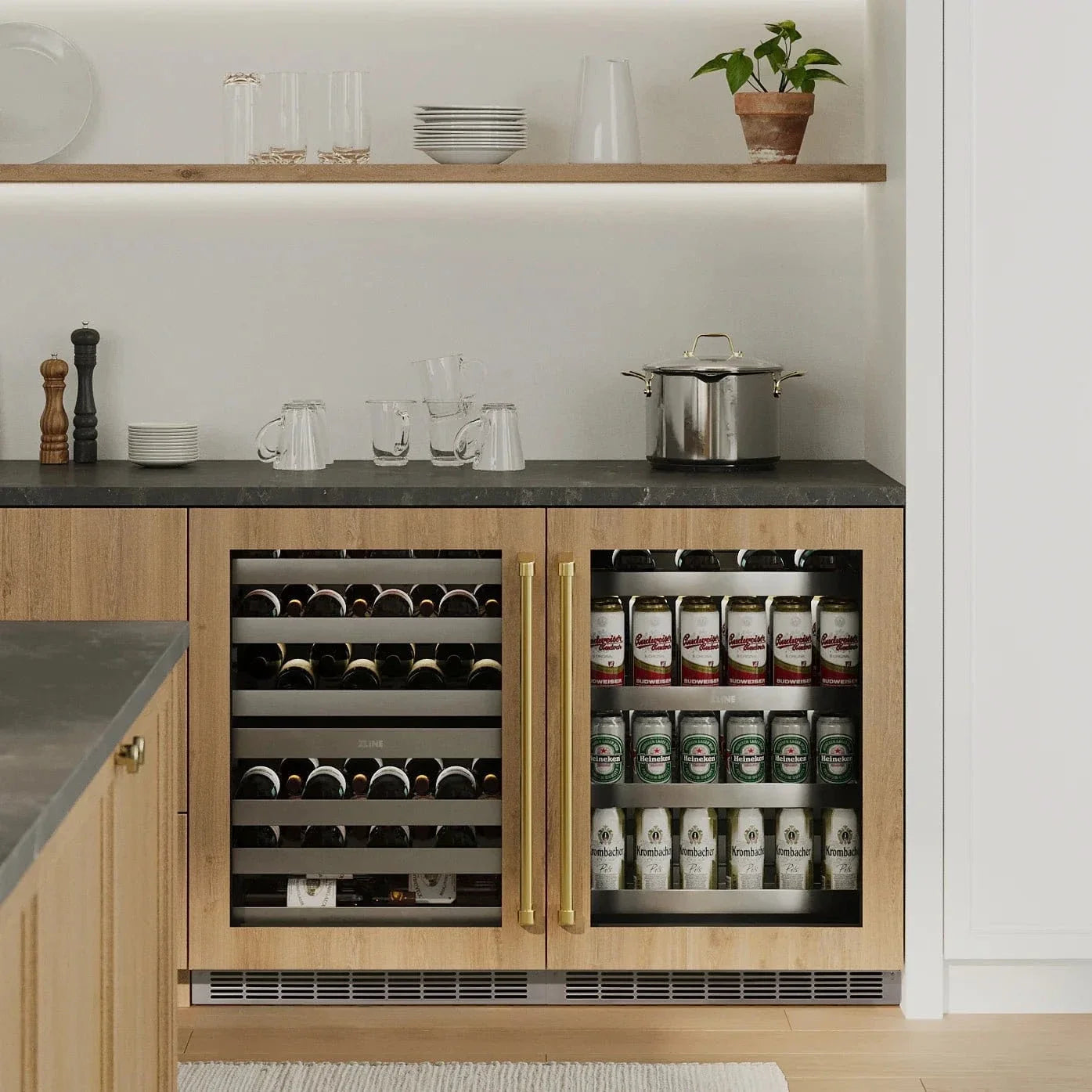 ZLINE Autograph Edition 24 in. Touchstone 151 Can Beverage Fridge With Panel Ready Glass Door And Champagne Bronze Handle RBSPOZ-24-CB