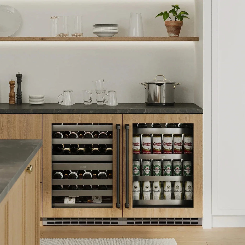 ZLINE Autograph Edition 24 in. Touchstone 151 Can Beverage Fridge With Panel Ready Glass Door And Matte Black Handle RBSPOZ-24-MB