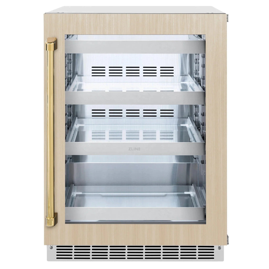 ZLINE Autograph Edition 24 in. Touchstone 151 Can Beverage Fridge With Panel Ready Glass Door And Polished Gold Handle RBSPOZ-24-G