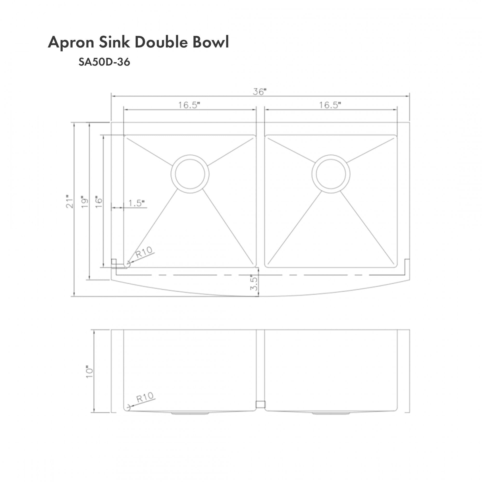 ZLINE Farmhouse 36" Double Bowl Apron Sink Stainless Steel, SA50D-36