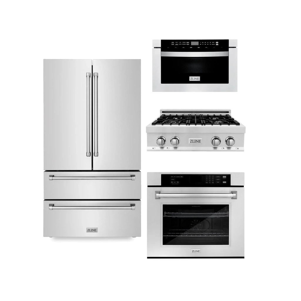 ZLINE Kitchen Package Refrigerator, Rangetop, Wall Oven, Microwave 4KPR-RT30-MWAWS